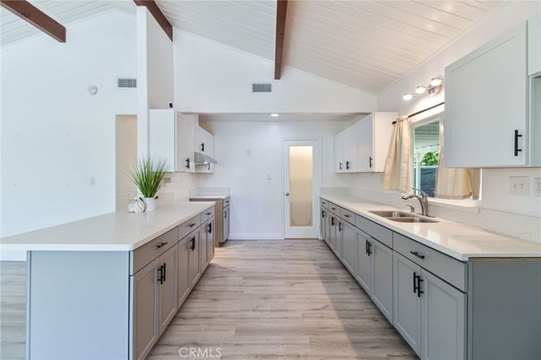 Interior, Kitchen, Recessed Lighting, Stainless Steel Appliances, Wooden Beams, Wood Texture Flooring