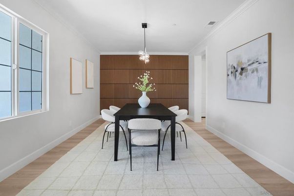 Dining room, Interior, Pendant Lights, Wood Texture Flooring