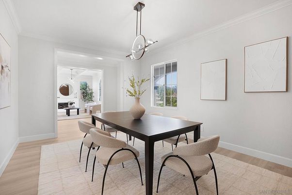 Dining room, Interior, Pendant Lights, Wood Texture Flooring