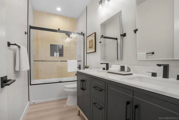 Bathroom, Dual Sink Vanities, Interior, Recessed Lighting, Wood Texture Flooring