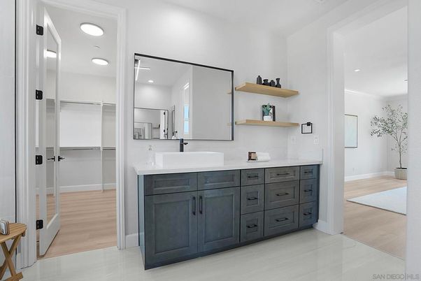 Bathroom, Dual Sink Vanities, Interior, Recessed Lighting, Walk-in Closets, Wood Texture Flooring