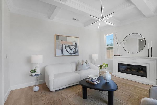 Fireplace, Interior, Living room, Pendant Lights, Wood Texture Flooring
