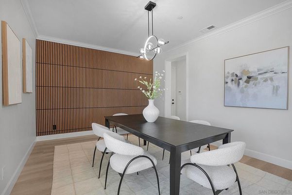 Dining room, Interior, Pendant Lights, Wood Texture Flooring