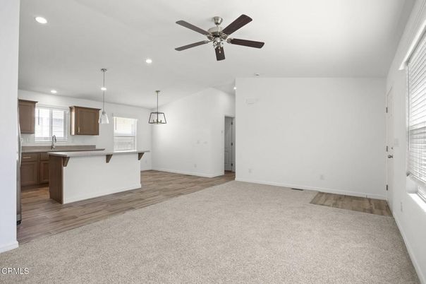 Empty room, Interior, Kitchen, Pendant Lights, Recessed Lighting, Wood Texture Flooring