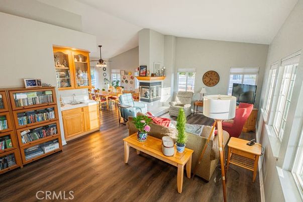 Dining room, Fireplace, Interior, Living room, Pendant Lights, Wood Texture Flooring