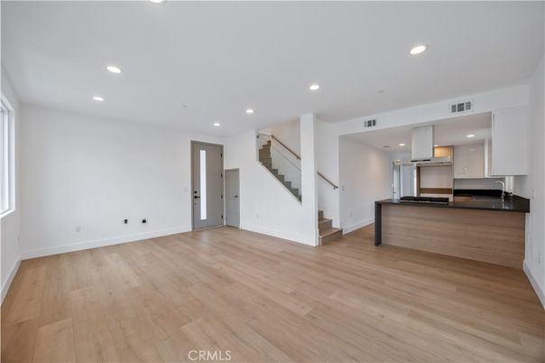 Empty room, Interior, Kitchen, Recessed Lighting, Wood Texture Flooring