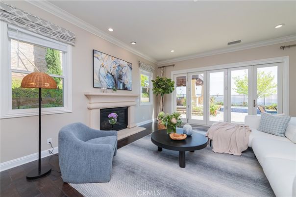 Fireplace, Interior, Living room, Recessed Lighting, Wood Texture Flooring