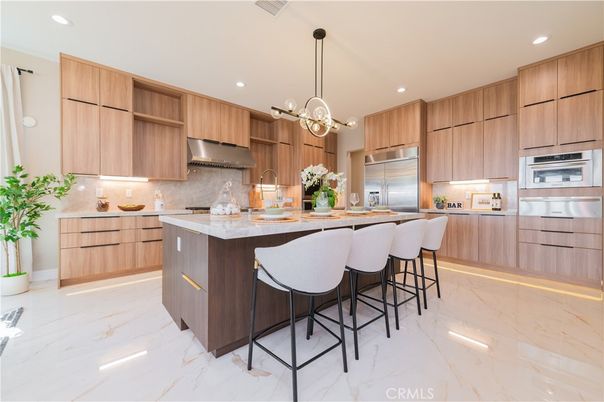 Interior, Kitchen, Marble, Pendant Lights, Recessed Lighting, Stainless Steel Appliances