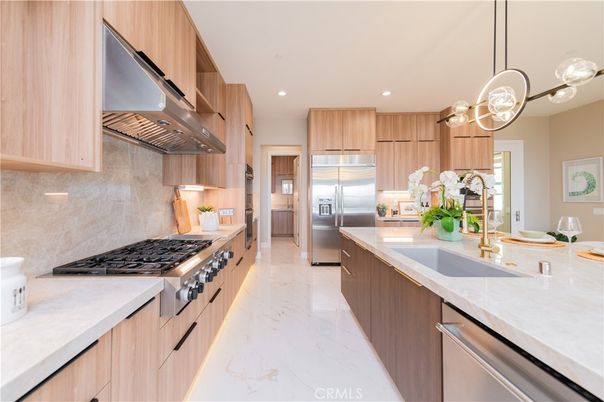 Interior, Kitchen, Marble, Pendant Lights, Recessed Lighting, Stainless Steel Appliances