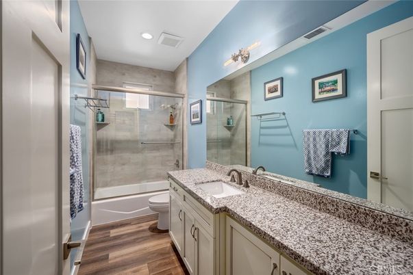 Bathroom, Glass Shower, Interior, Recessed Lighting, Wood Texture Flooring