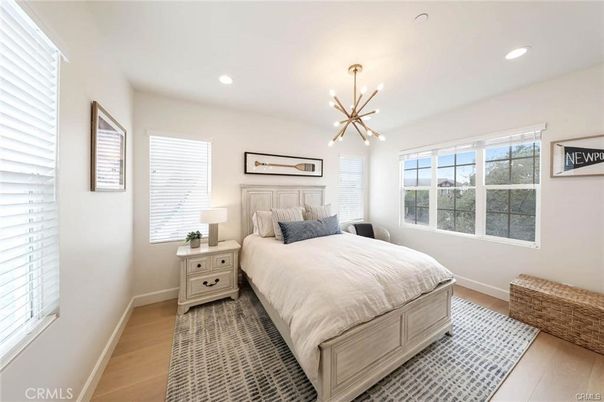Bedroom, Interior, Pendant Lights, Recessed Lighting, Wood Texture Flooring