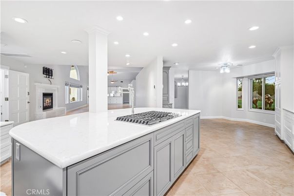Fireplace, Interior, Kitchen, Pendant Lights, Recessed Lighting, Stainless Steel Appliances