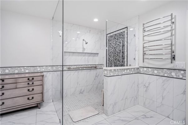 Bathroom, Glass Shower, Interior, Marble, Marble Walls, Recessed Lighting