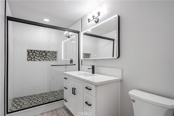 Bathroom, Glass Shower, Interior, Recessed Lighting, Wood Texture Flooring
