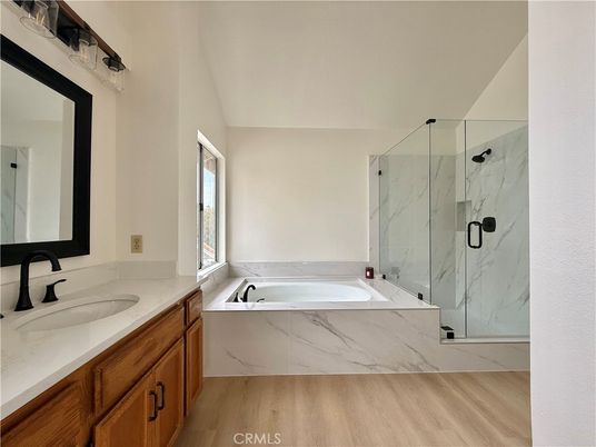 Bathroom, Glass Shower, Interior, Marble Walls, Wood Texture Flooring