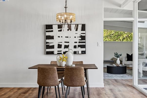 Chandelier, Dining room, Interior, Wood Texture Flooring