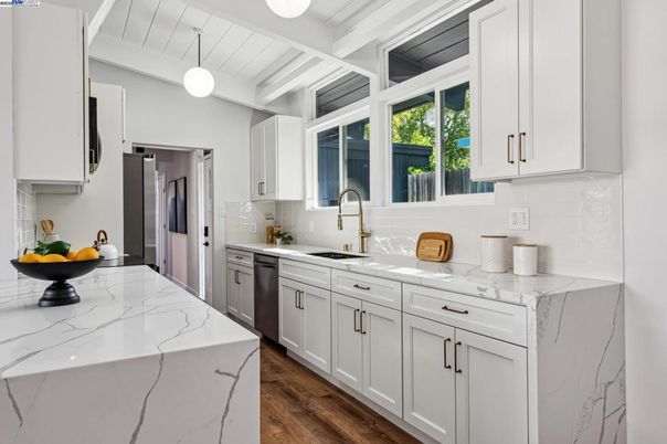 Interior, Kitchen, Pendant Lights, Stainless Steel Appliances, Wood Texture Flooring