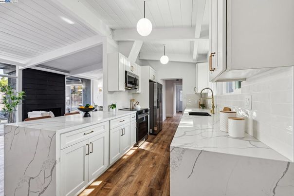 Interior, Kitchen, Pendant Lights, Stainless Steel Appliances, Wood Texture Flooring