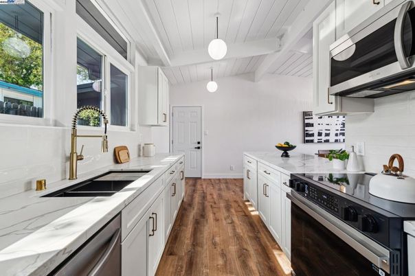 Interior, Kitchen, Pendant Lights, Stainless Steel Appliances, Wood Texture Flooring