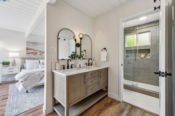 Bathroom, Bedroom, Dual Sink Vanities, Glass Shower, Interior, Wood Texture Flooring