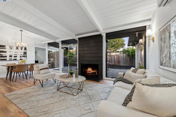 Dining room, Fireplace, Interior, Living room, Pendant Lights, Wood Texture Flooring