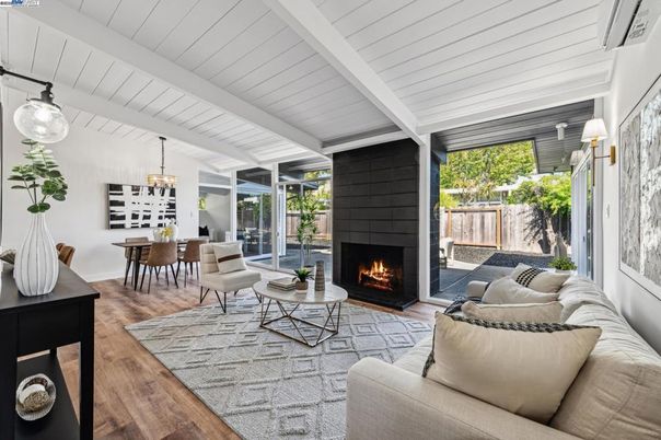 Dining room, Fireplace, Interior, Living room, Pendant Lights, Wood Texture Flooring