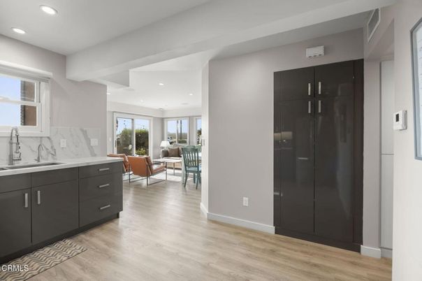 Interior, Kitchen, Living room, Marble Walls, Recessed Lighting, Wood Texture Flooring