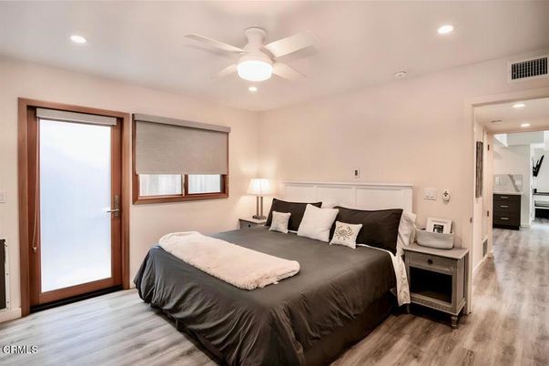 Bedroom, Interior, Recessed Lighting, Wood Texture Flooring