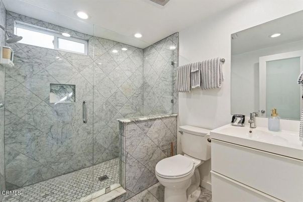 Bathroom, Glass Shower, Interior, Marble Walls, Recessed Lighting