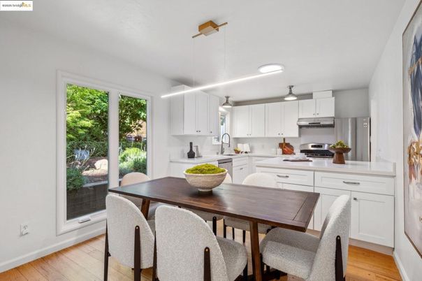 Dining room, Interior, Kitchen, Pendant Lights, Recessed Lighting, Stainless Steel Appliances, Wood Texture Flooring
