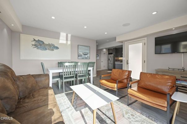 Dining room, Interior, Kitchen, Living room, Recessed Lighting, Wood Texture Flooring