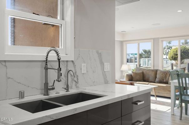 Interior, Kitchen, Marble Walls, Recessed Lighting, Wood Texture Flooring