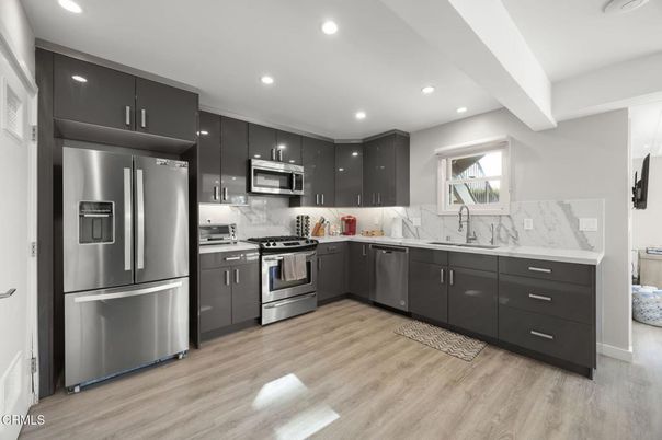 Interior, Kitchen, Recessed Lighting, Stainless Steel Appliances, Wood Texture Flooring