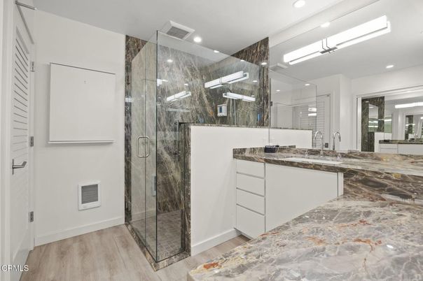 Bathroom, Glass Shower, Interior, Recessed Lighting, Wood Texture Flooring