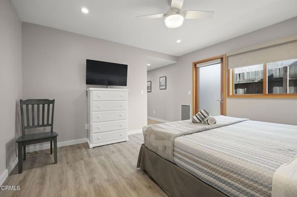 Bedroom, Interior, Recessed Lighting, Wood Texture Flooring