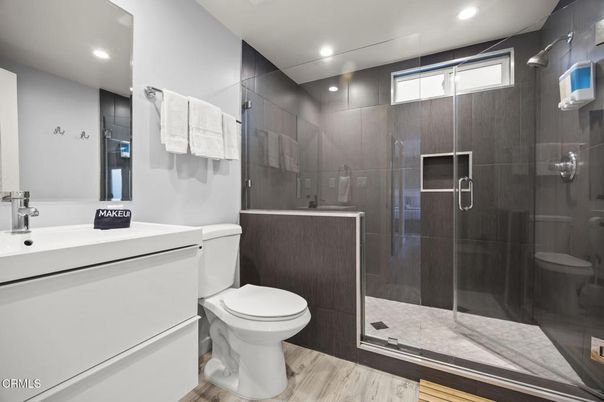 Bathroom, Glass Shower, Interior, Recessed Lighting, Wood Texture Flooring