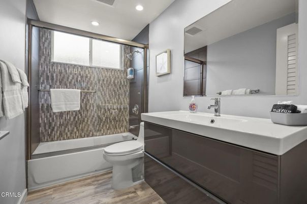 Bathroom, Glass Shower, Interior, Recessed Lighting, Wood Texture Flooring