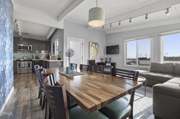 Dining room, Interior, Kitchen, Living room, Pendant Lights, Stainless Steel Appliances, Wood Texture Flooring