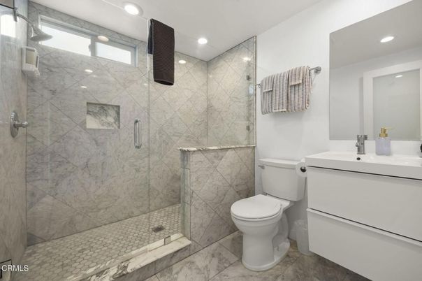Bathroom, Glass Shower, Interior, Marble Walls, Recessed Lighting