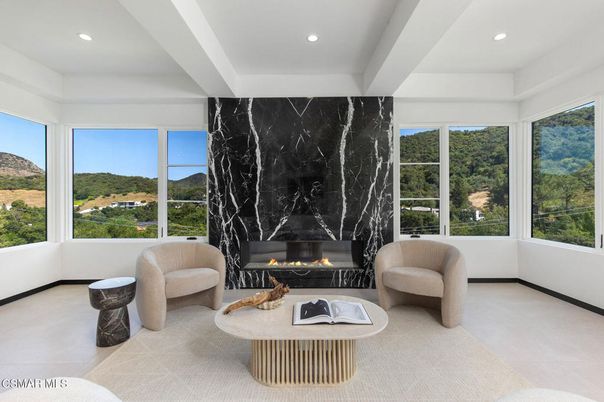 Fireplace, Interior, Living room, Marble Walls, Recessed Lighting