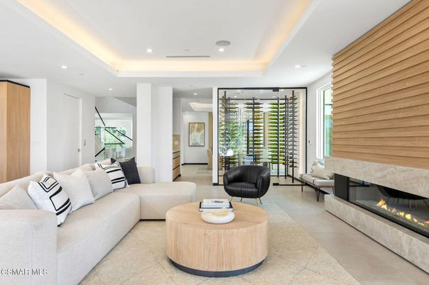 Fireplace, Interior, Living room, Recessed Lighting, Wine Storage