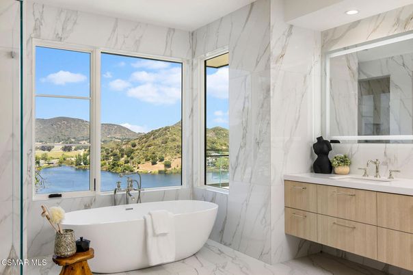 Bathroom, Free Standing Baths, Interior, Marble, Marble Walls, Recessed Lighting, Water