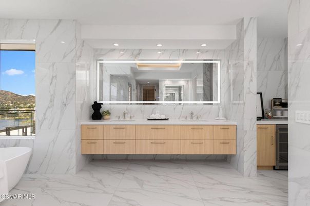 Bathroom, Dual Sink Vanities, Free Standing Baths, Interior, Marble, Marble Walls, Recessed Lighting