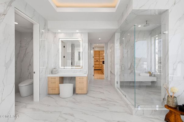 Bathroom, Glass Shower, Interior, Marble, Marble Walls, Recessed Lighting