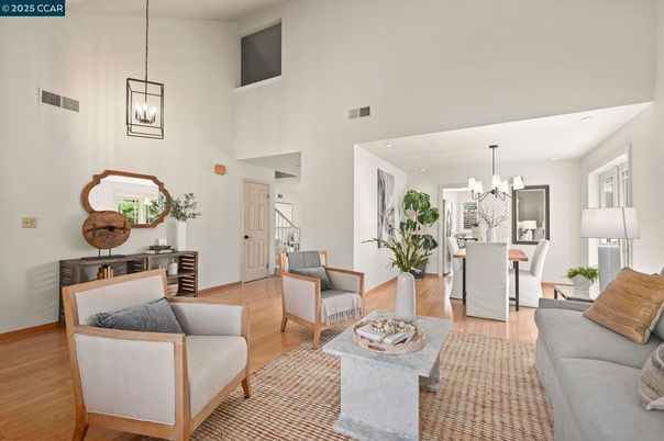 Dining room, Interior, Living room, Pendant Lights, Recessed Lighting, Wood Texture Flooring