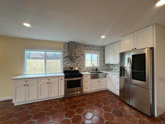 Interior, Kitchen, Recessed Lighting, Stainless Steel Appliances, Stone Walls