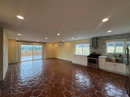 Interior, Kitchen, Recessed Lighting, Stainless Steel Appliances, Stone Walls