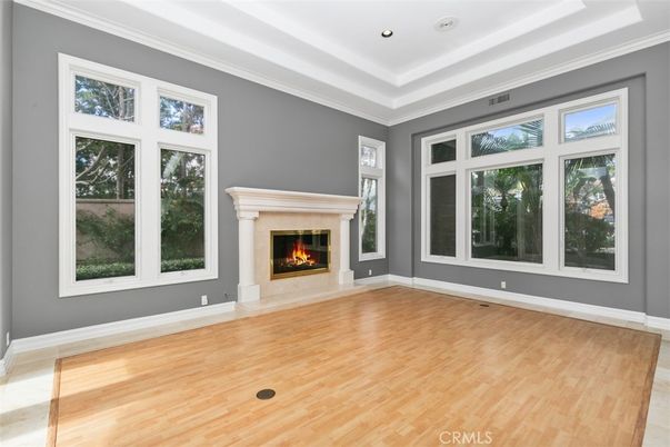 Empty room, Fireplace, Interior, Recessed Lighting, Wood Texture Flooring