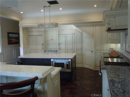 Chandelier, Interior, Kitchen, Recessed Lighting, Stainless Steel Appliances, Wood Texture Flooring