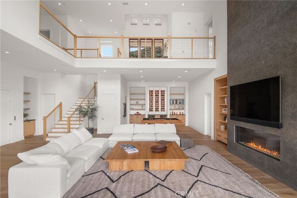 Fireplace, Interior, Living room, Recessed Lighting, Wood Texture Flooring